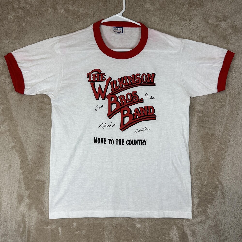Vintage Wilkinson Bros Band My Shirt Mens Large White Red Ringer Tee USA 80s